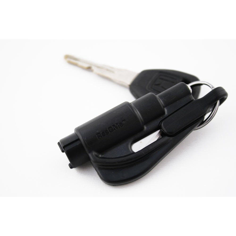 RESQME original keychain car escape tool in black, enables quick seat belt release and tempered glass breaking.