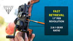 Left-handed Retriever Bowfishing Reel mounted to bow with sight holes