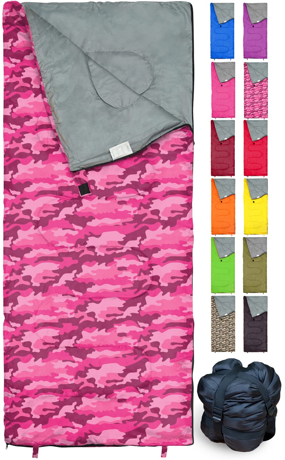REVALCAMP pink-camo sleeping bag packed compact for travel and hiking.