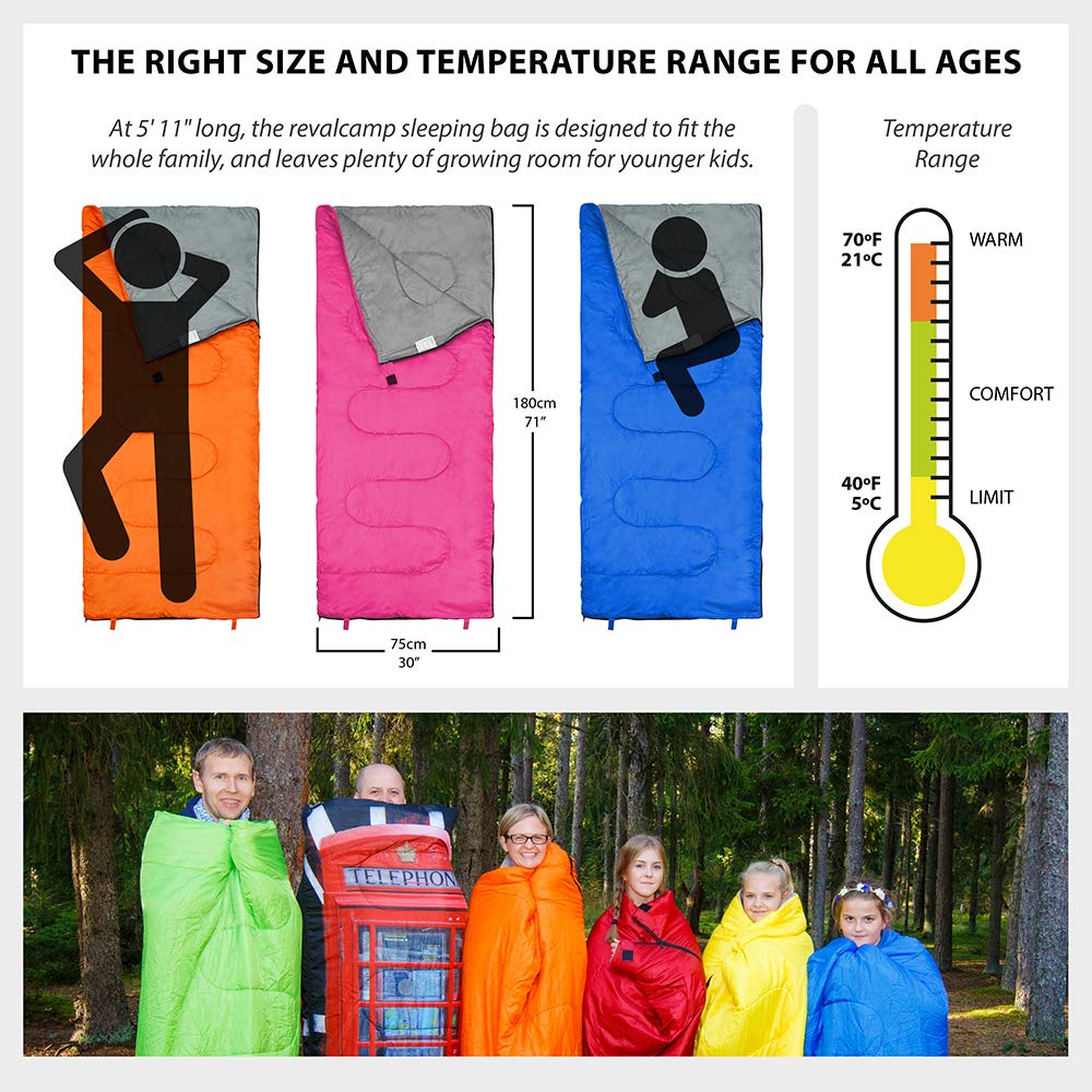 REVALCAMP sleeping bag measures 30x71 inches, fits up to 6'1" tall.