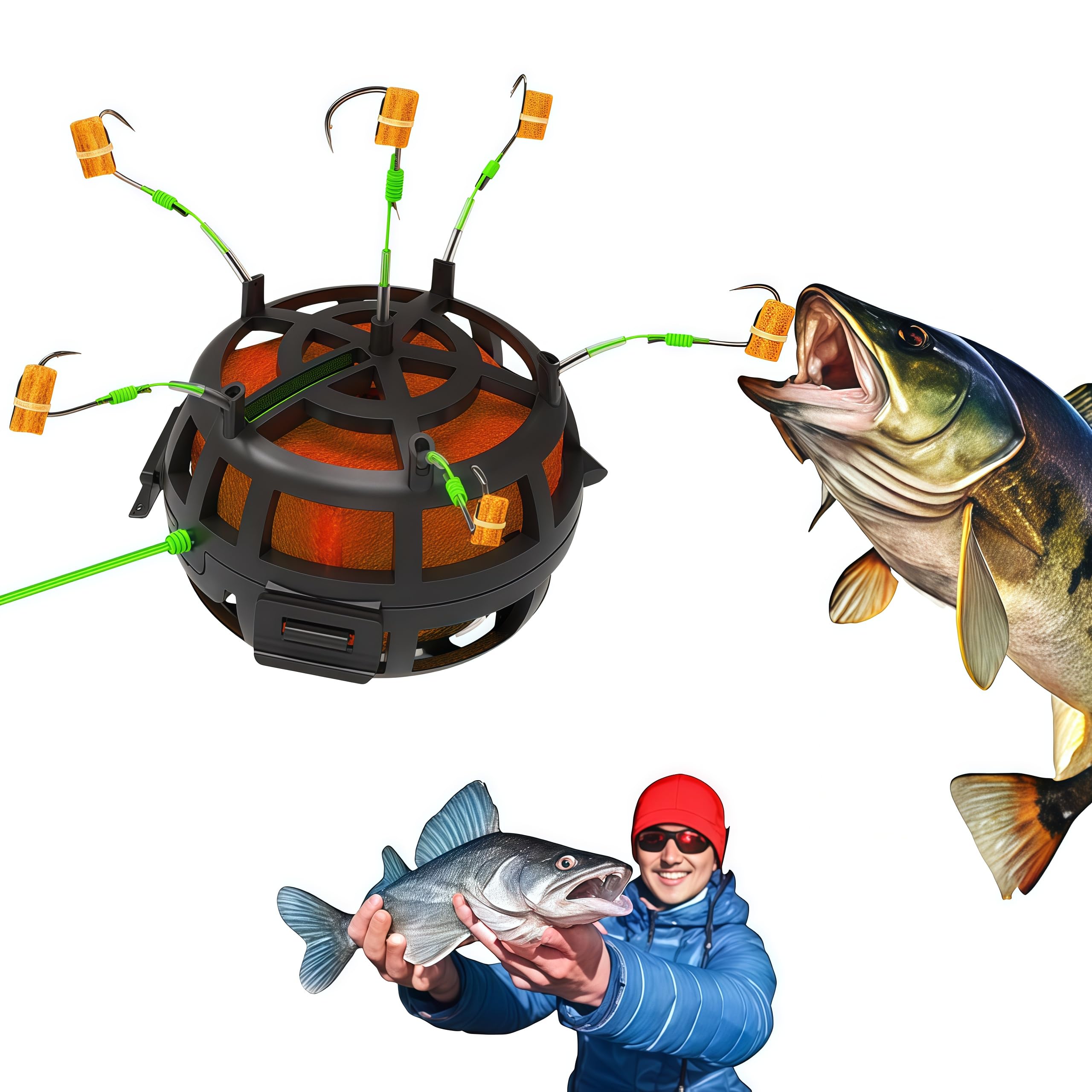 Reverse bottom bait cage trap with 6 hooks