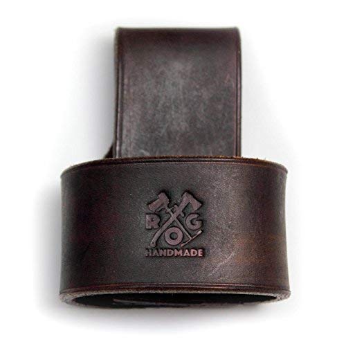 Review Outdoor Gear leather axe holster on belt for quick tool access.