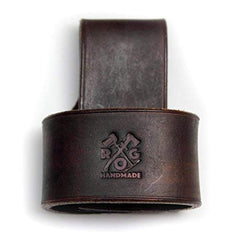 Review Outdoor Gear leather axe holster on belt for quick tool access.