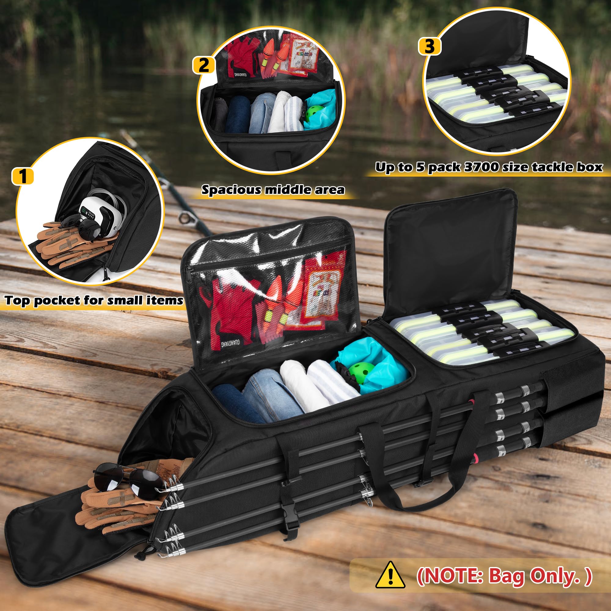 Rexmica backpack bottom compartment fits five 3700 tackle boxes for organized storage.
