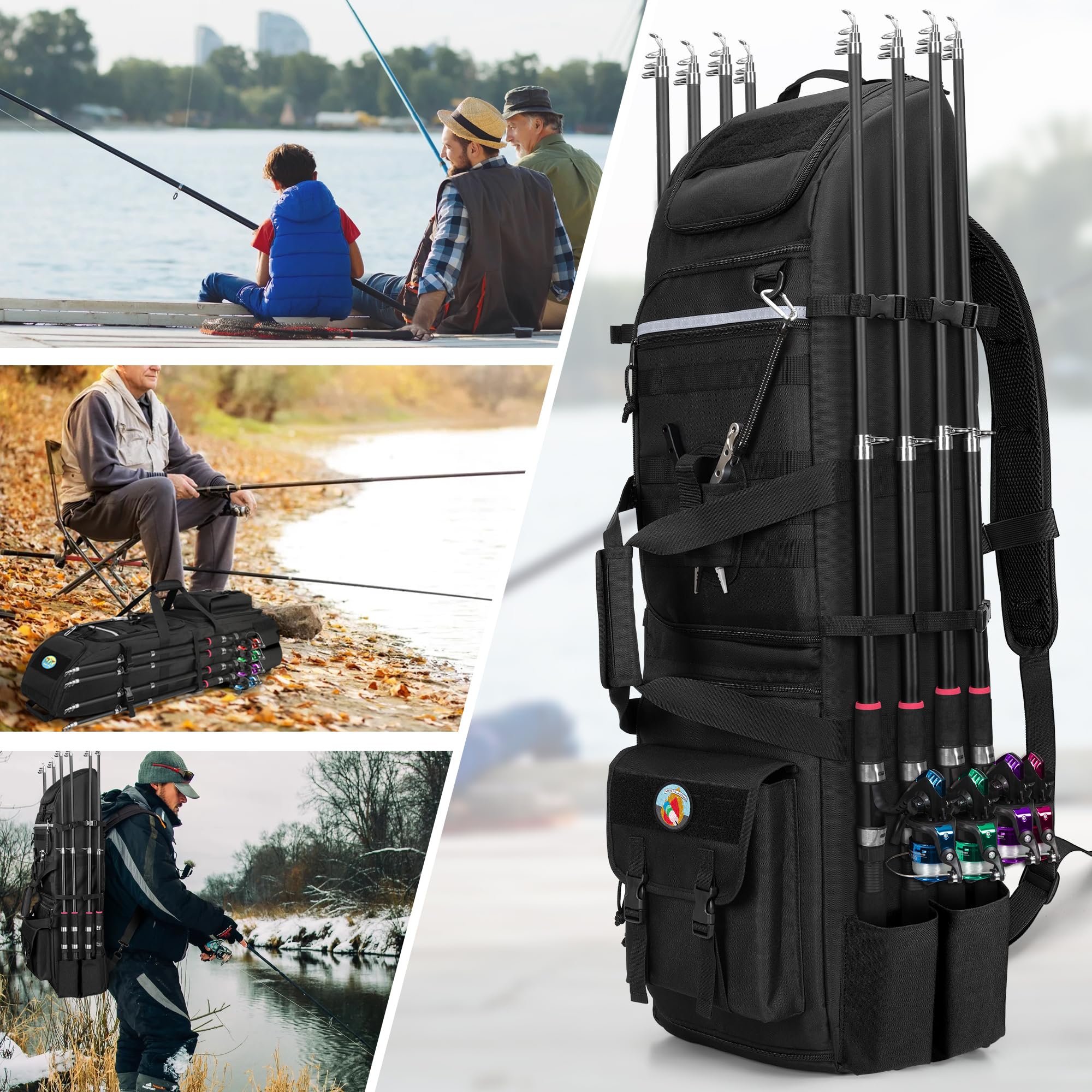 Rexmica fishing backpack dimensions confirm 10.6 by 9.3 by 33.5 inches.