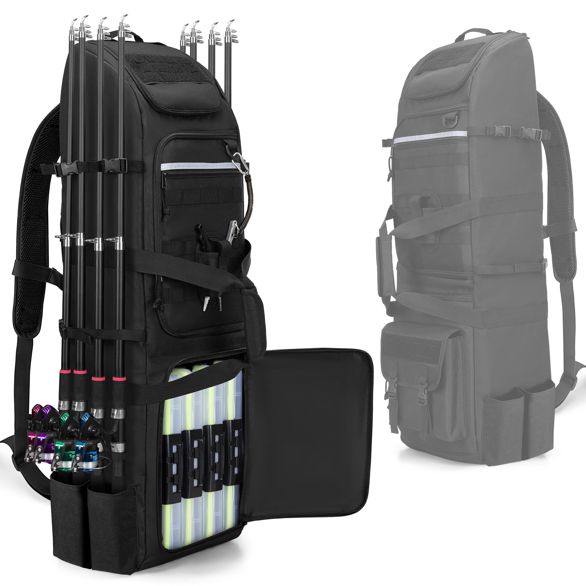 Rexmica fishing backpack front view shows rugged design for easy access and durability.
