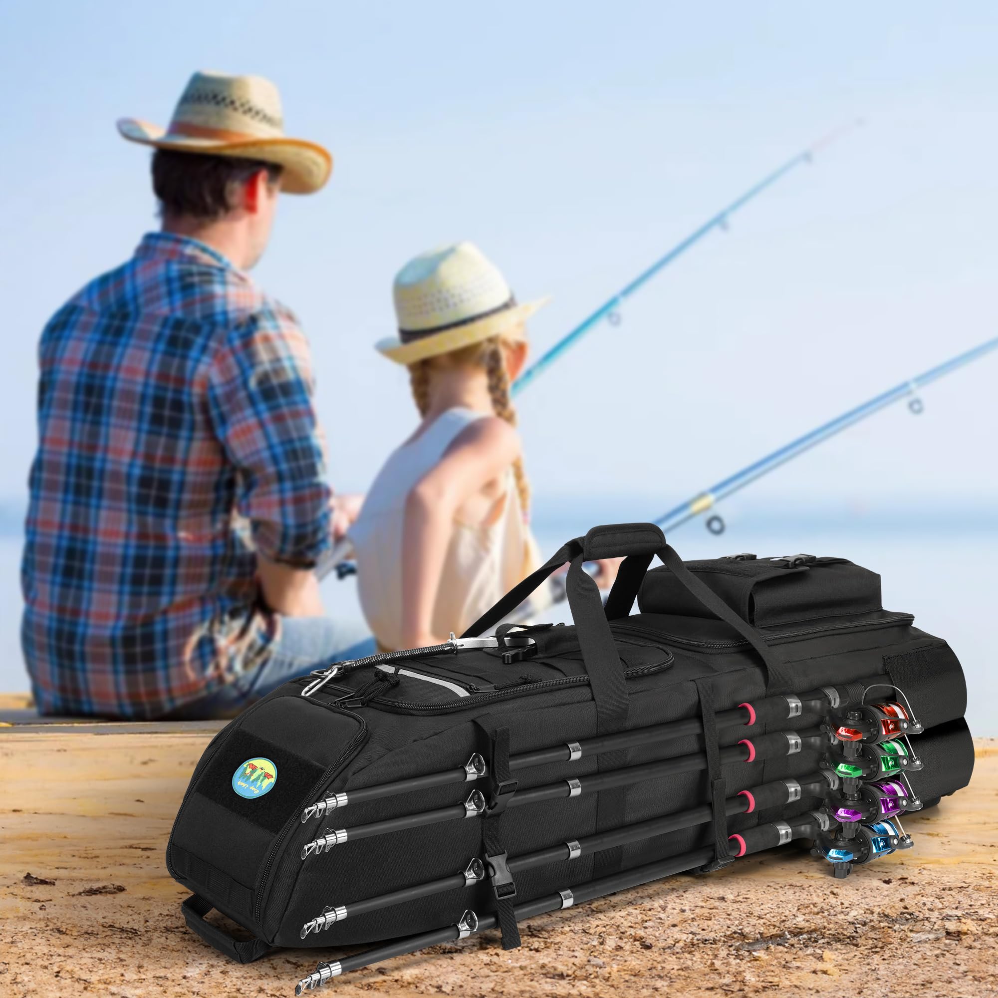 Rexmica fishing backpack rod slots on the side securely hold eight rods and reels.