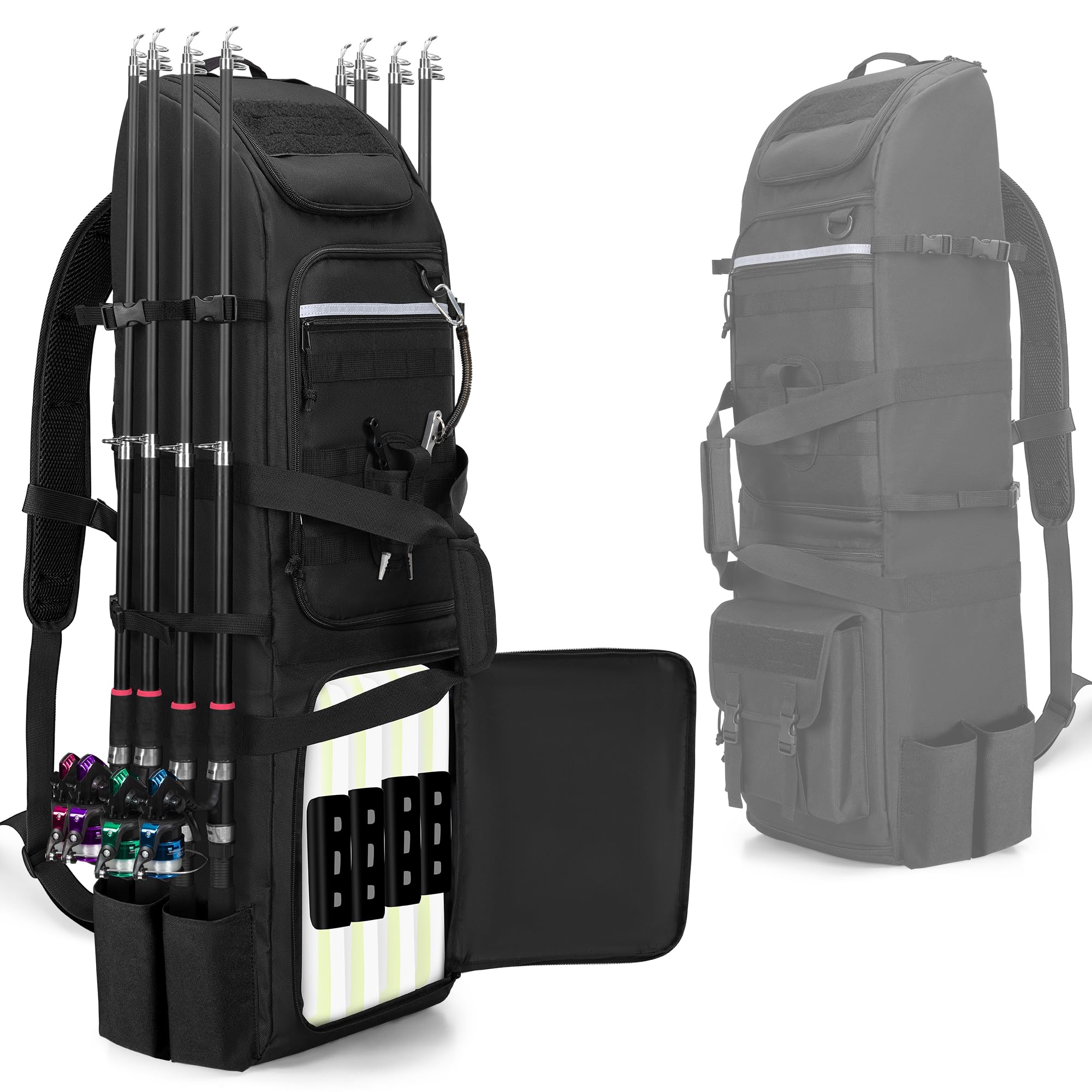 Rexmica fishing rod backpack side slots showing eight-rod capacity for organized transport.