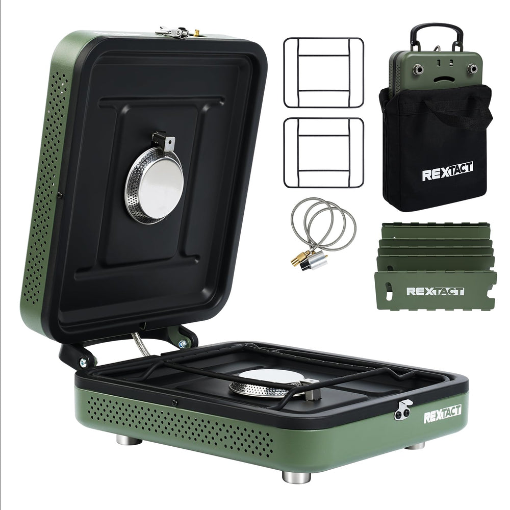 RexTact 2-burner stove folded in carrying bag for easy transport.