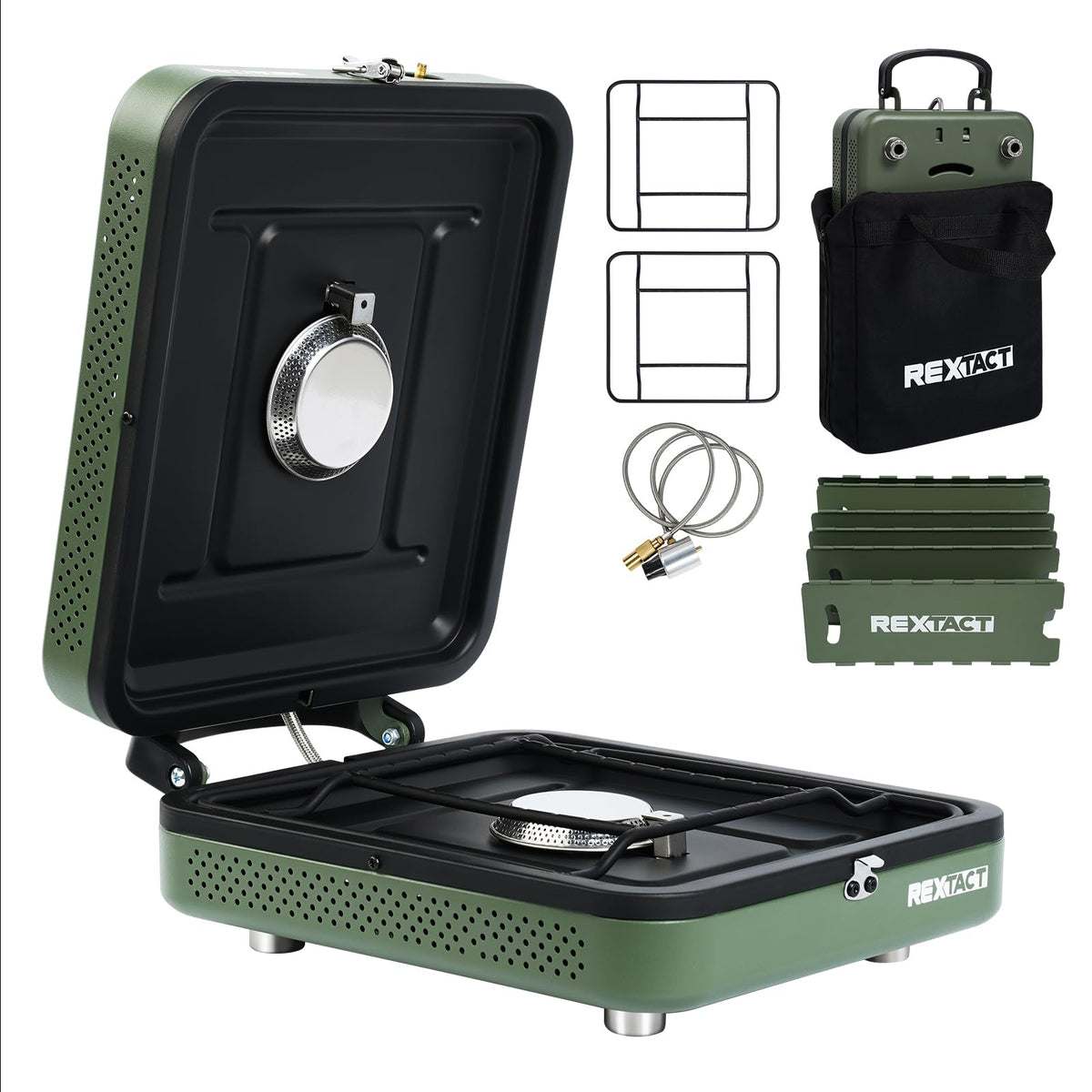 RexTact 2-burner stove folded in carrying bag for easy transport.