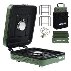 RexTact 2-burner stove folded in carrying bag for easy transport.