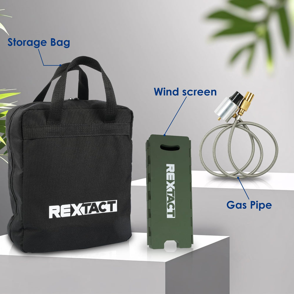 RexTact green camping stove on table ready for BBQ.