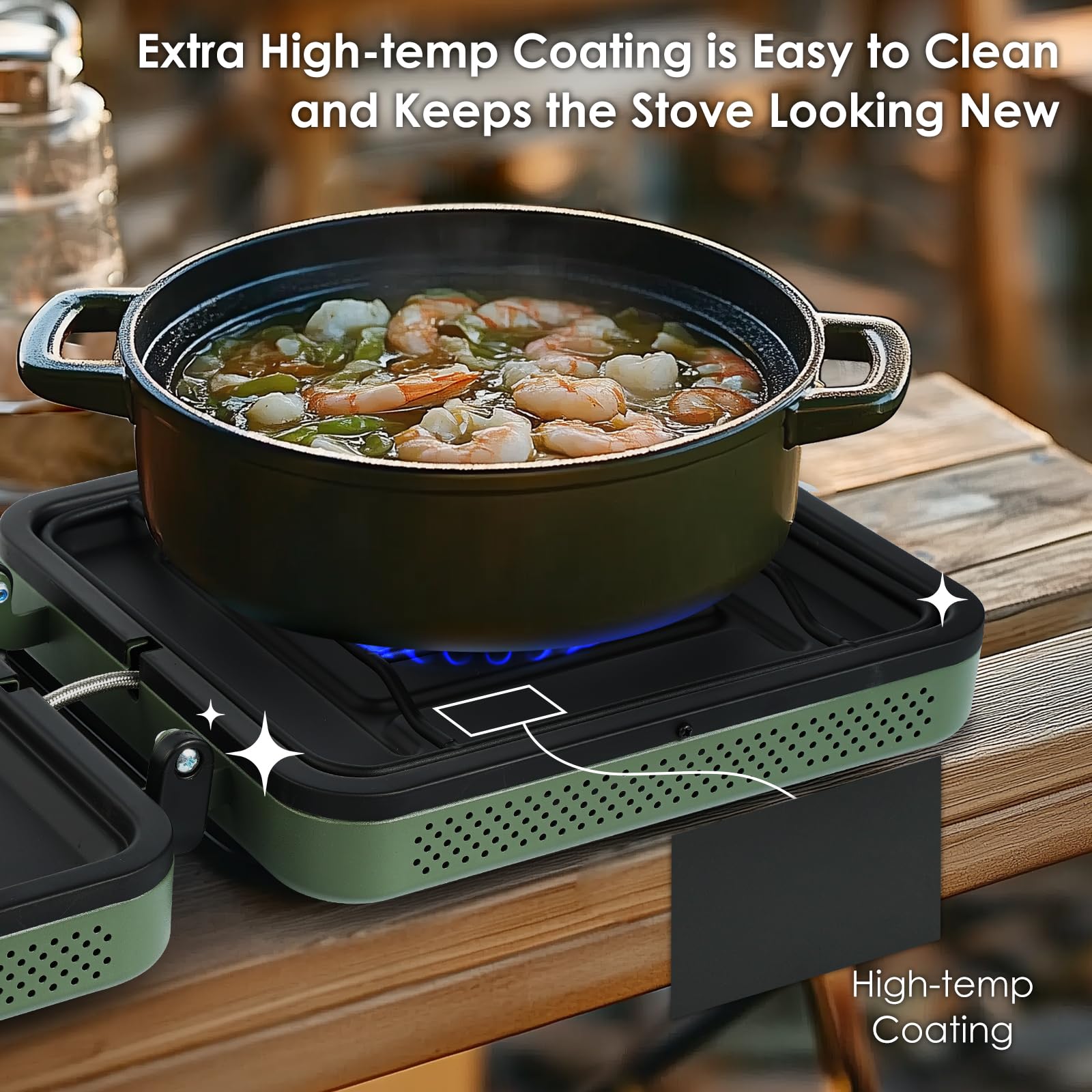 RexTact propane stove with piezo ignition for quick starts.