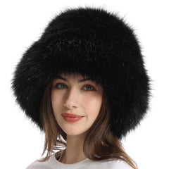 Reyox women's winter fuzzy bucket hat in black with soft faux fur for warmth