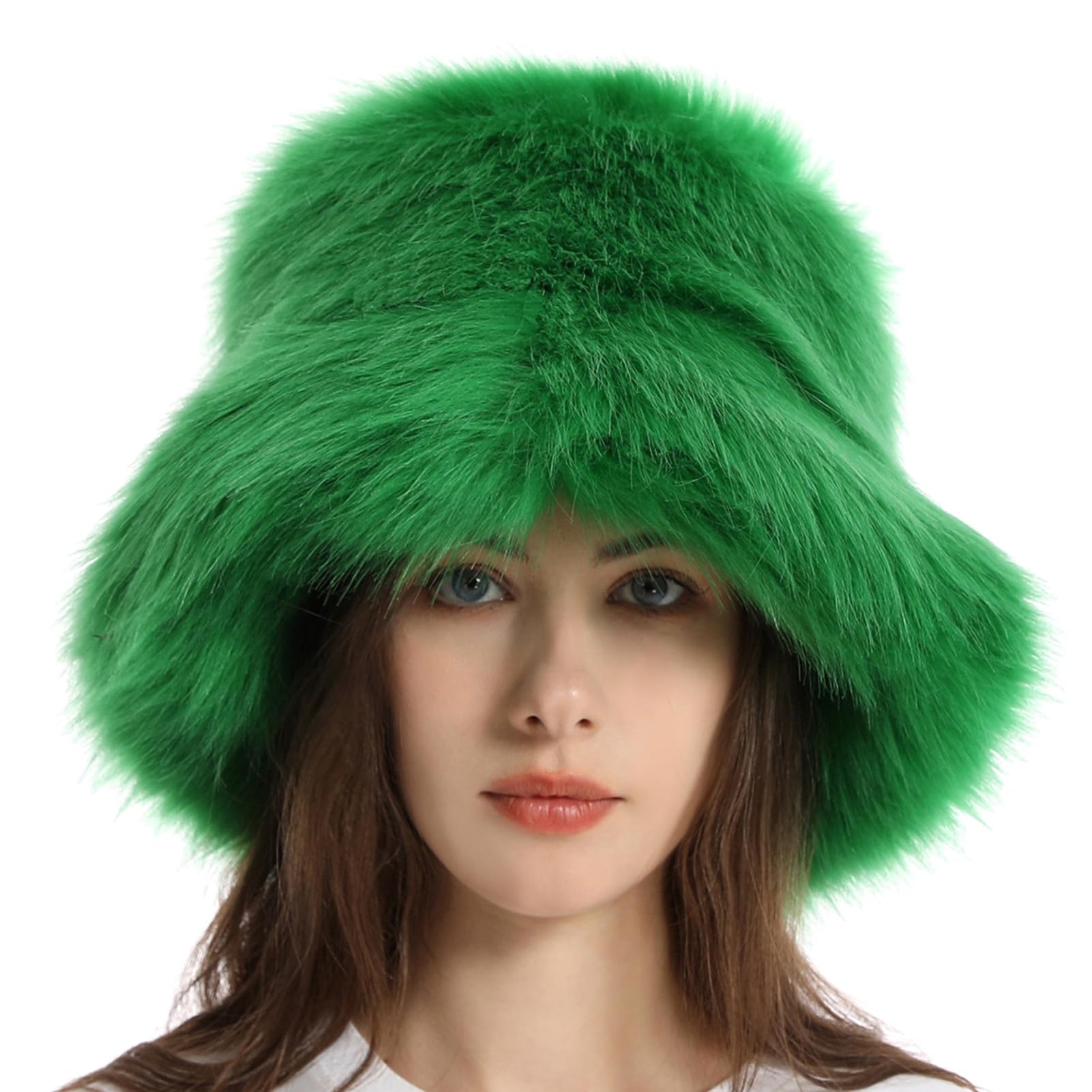 Reyox green winter fuzzy bucket hat front view offers cozy warmth