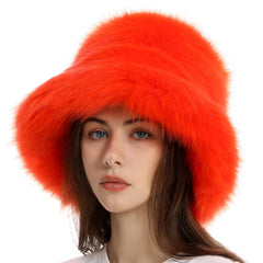 Reyox women winter fuzzy bucket hat orange front view, warm and cozy for cold days.