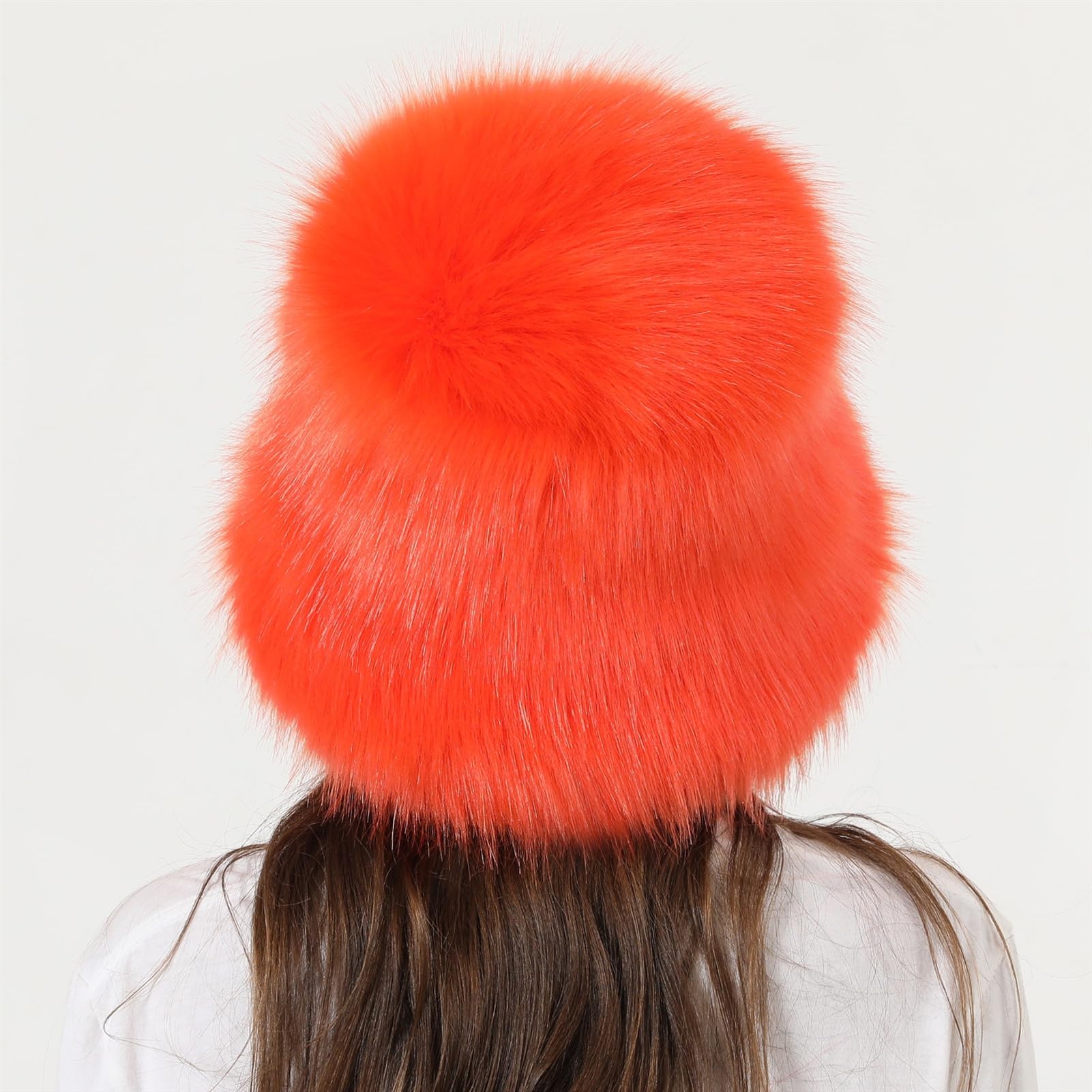 Reyox women winter fuzzy bucket hat orange side view, versatile outdoor accessory.