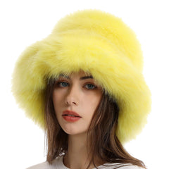 Reyox fuzzy bucket hat yellow side view, versatile outdoor accessory for travel