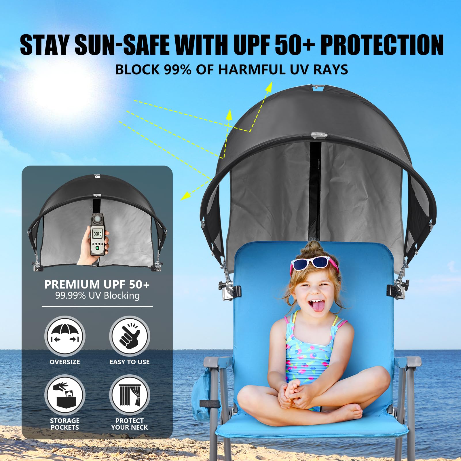 Reyzaa XL canopy pockets hold phone and sunglasses outdoors