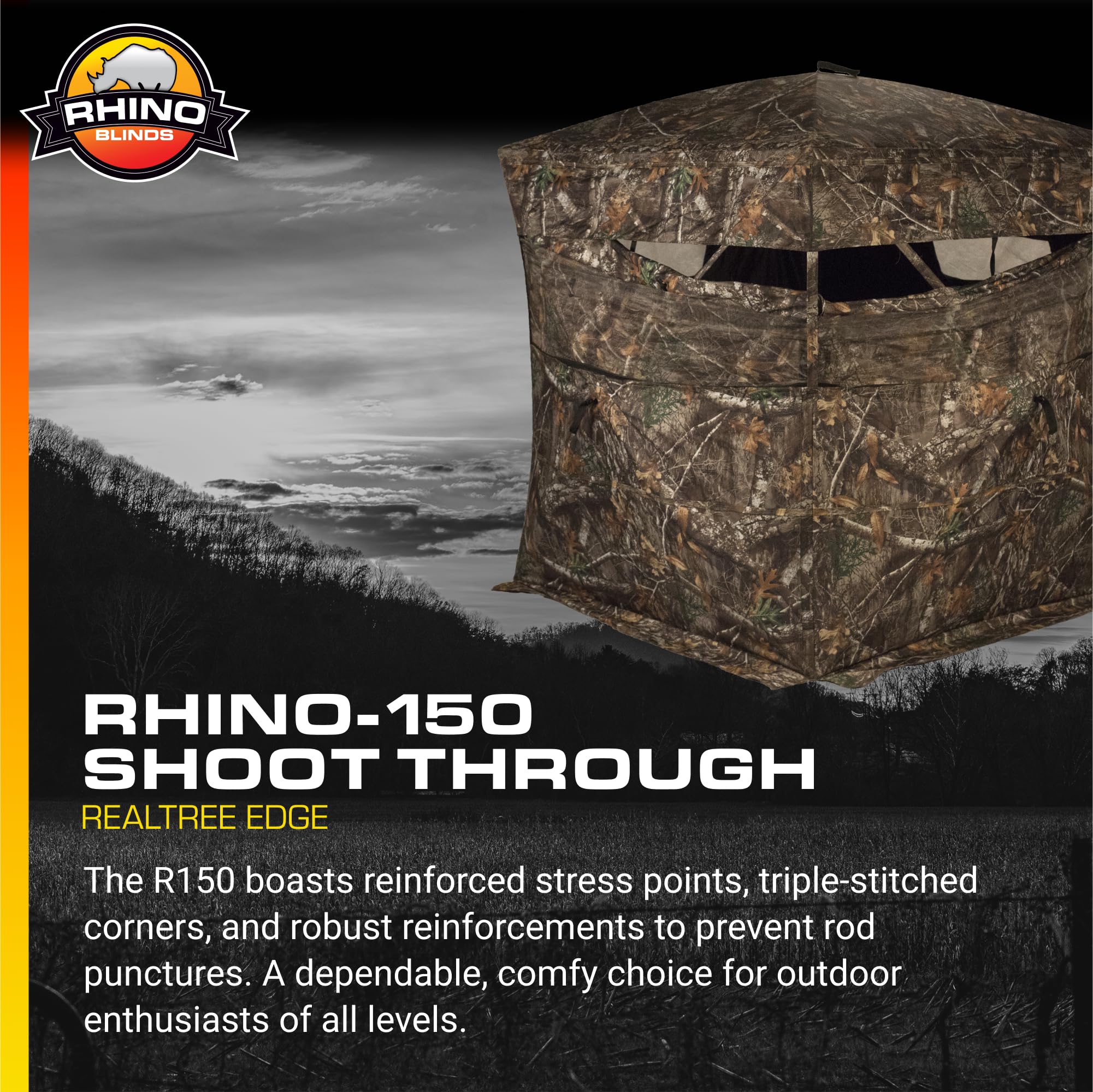 Rhino Blinds R150-RTE camouflage Realtree Edge emphasizes concealed field setup