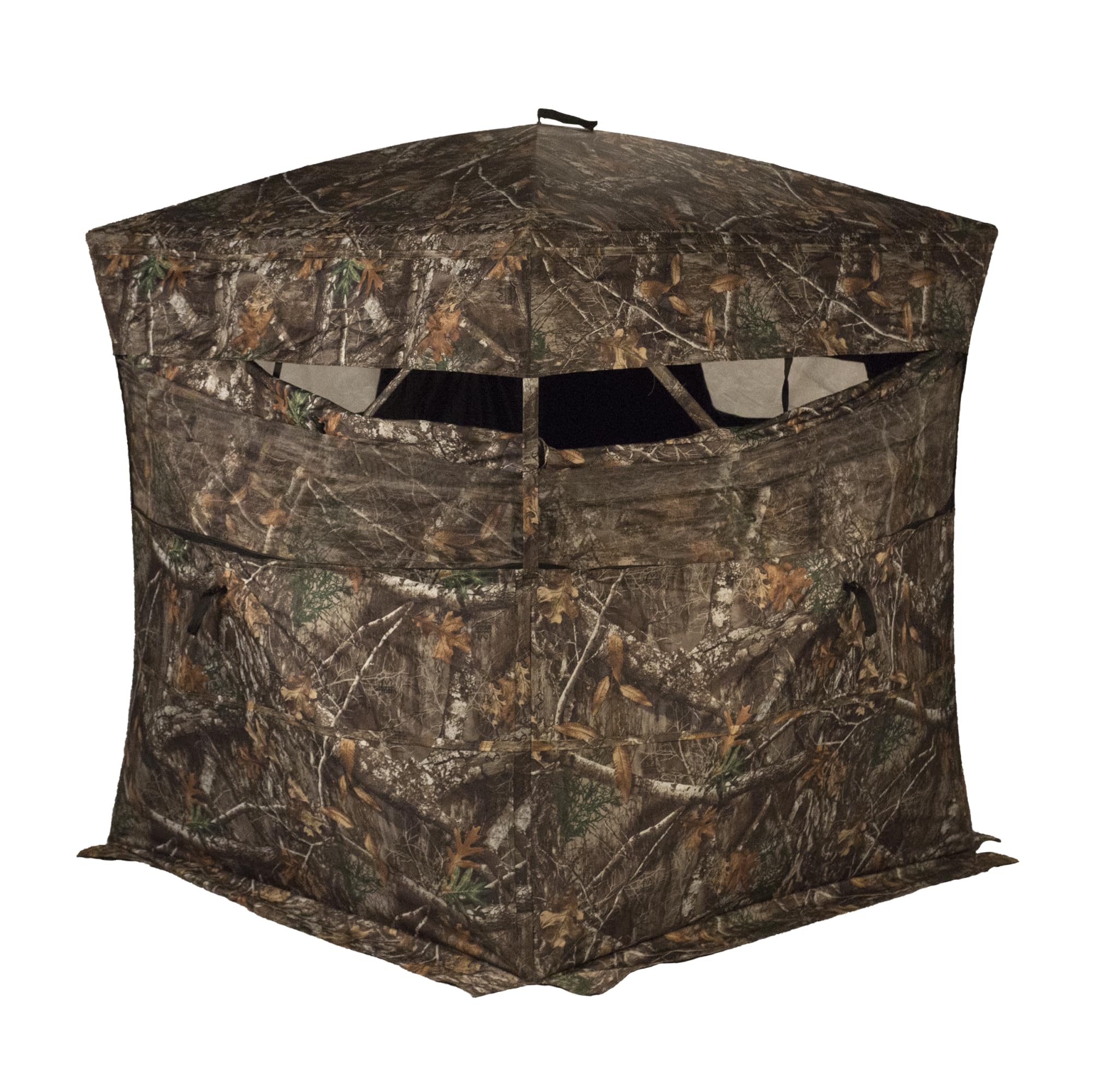 Rhino Blinds R150-RTE front view shows roomy three-person shelter in Realtree Edge camo