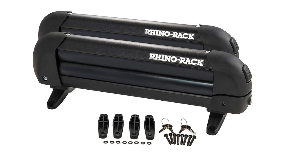 Rhino-Rack 13-Inch carrier on a vehicle roof, securing skis and snowboards for safe travel