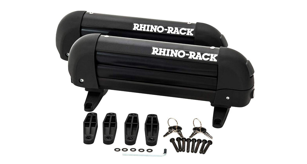 Rhino-Rack ski carrier holds 2 skis securely on roof with glove-friendly loading