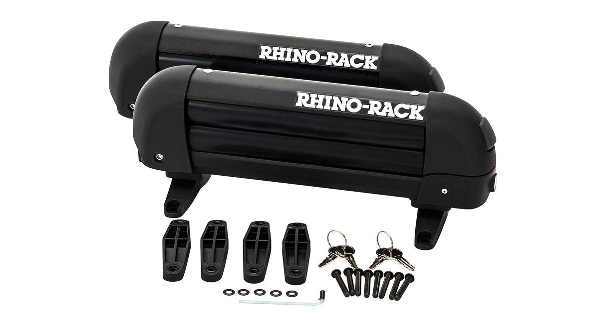 Rhino-Rack ski carrier holds 2 skis securely on roof with glove-friendly loading