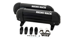 Rhino-Rack ski carrier holds 2 skis securely on roof with glove-friendly loading