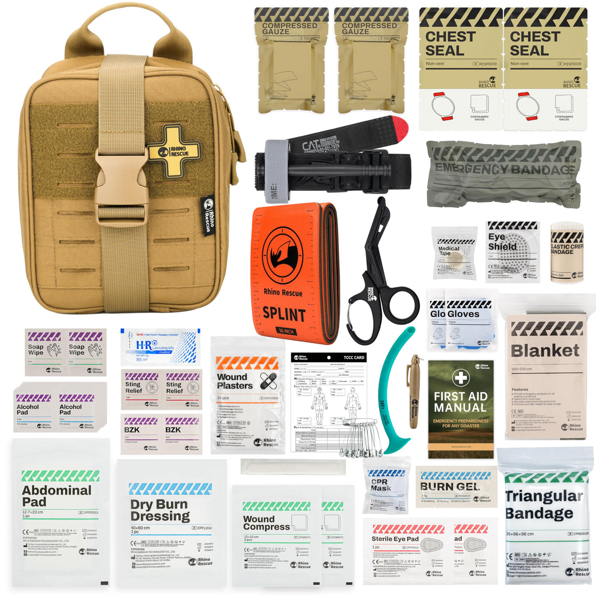 RHINO RESCUE IFAK tactical kit in Coyote Brown with compact MOLLE pouch for quick access.
