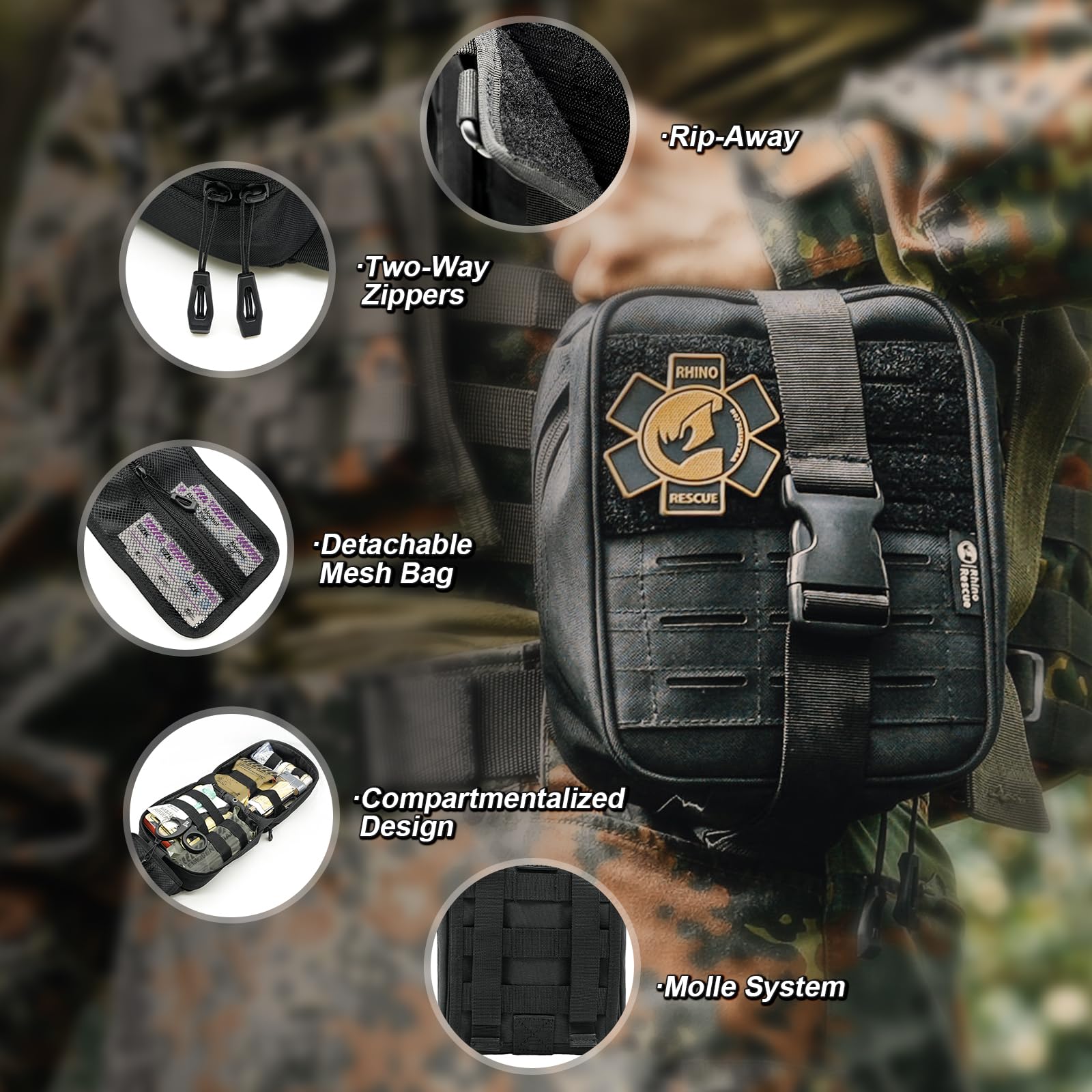 RHINO RESCUE trauma kit contents neatly organized for efficient emergency response