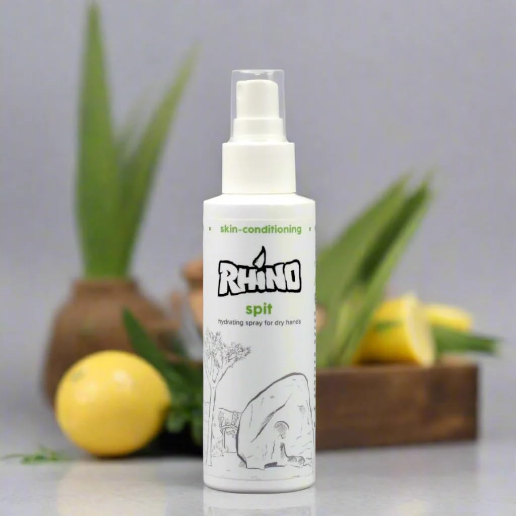 Rhino Skin Solutions Spit Hydrating Spray used on climbing hands for comfort