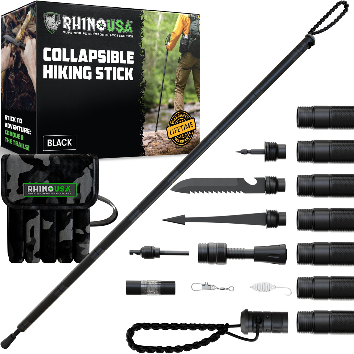 Rhino USA tactical hiking stick with forest-grip for stable support on trails.