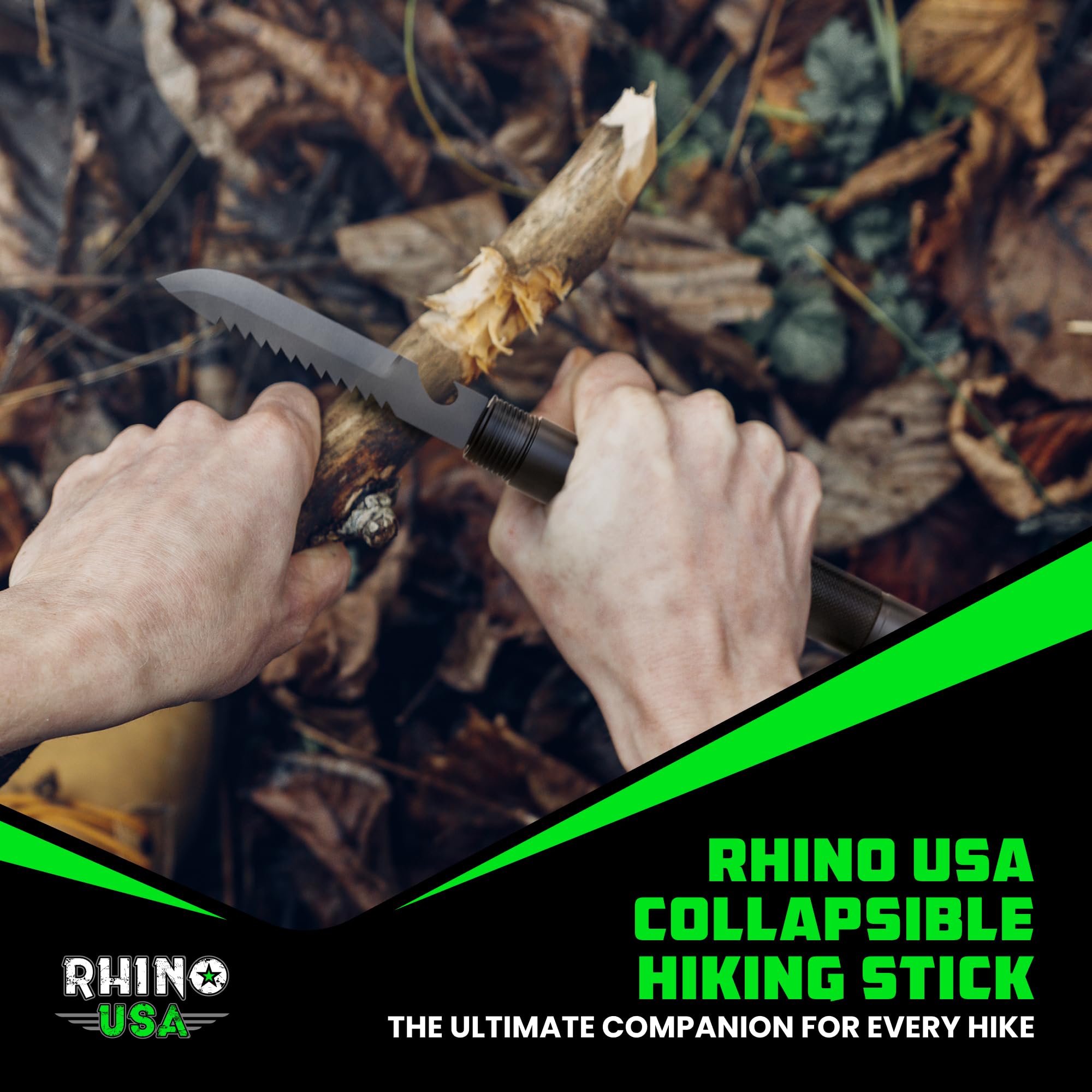 Rhino USA hiking stick with rubber point enhances stability on uneven terrain.