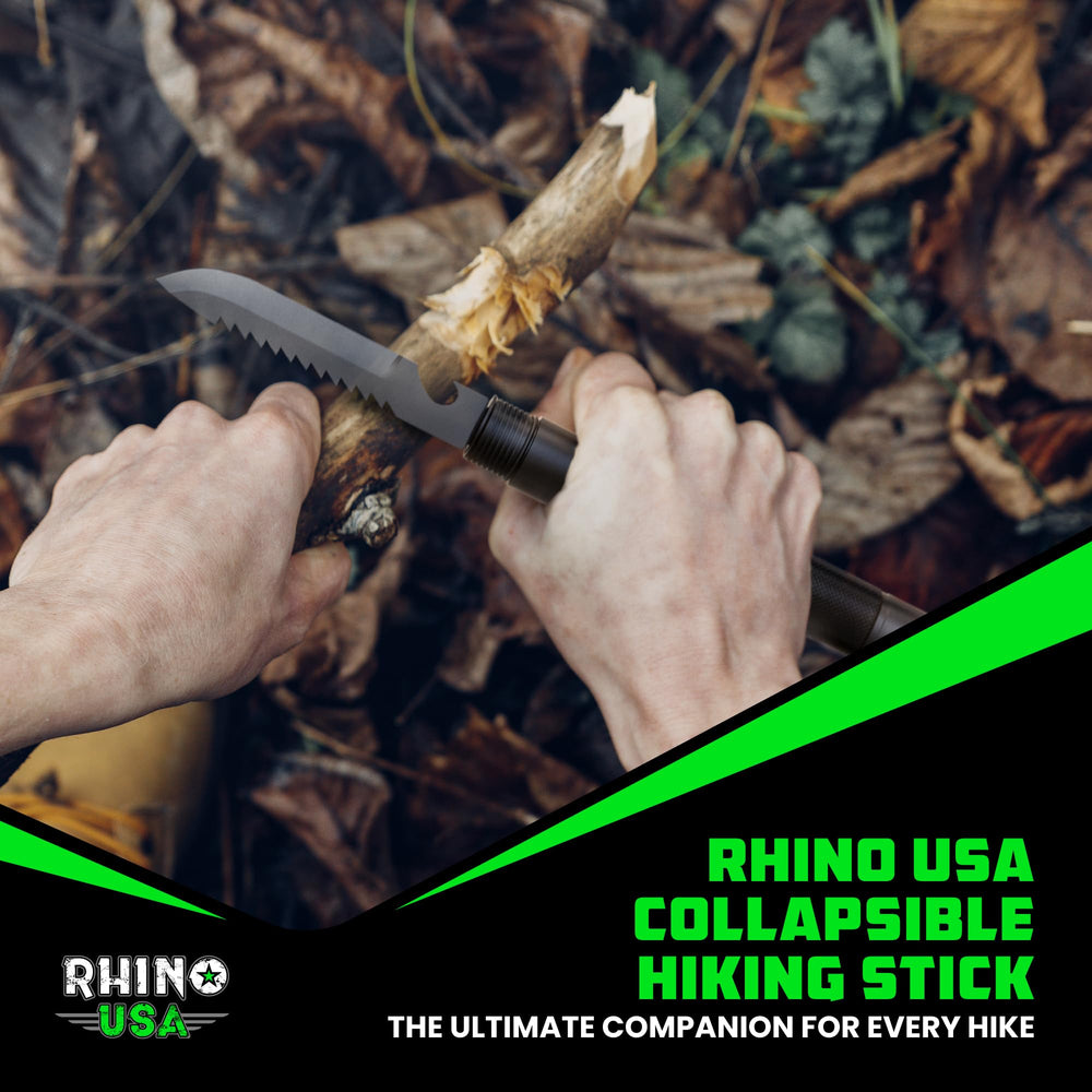 Rhino USA hiking stick with rubber point enhances stability on uneven terrain.