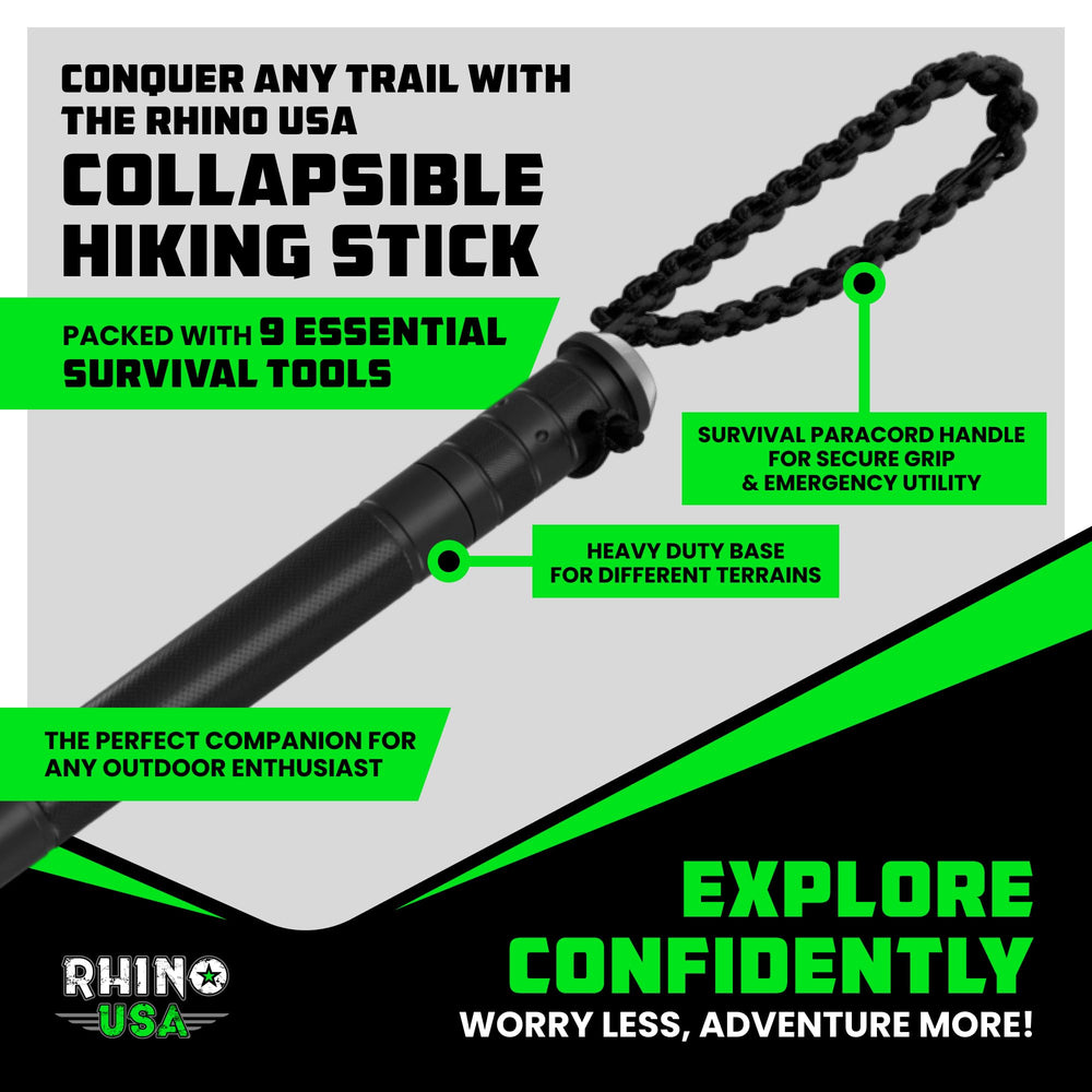 Rhino USA hiking stick shows textured handle for secure grip during treks.