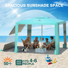 Rhino Valley Beach Cabana with removable sidewalls adjusts sun exposure for comfort.