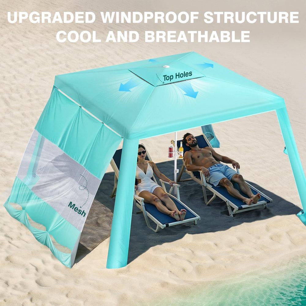 Rhino Valley Beach Cabana with UPF50+ shade protects skin during sunny beach days.