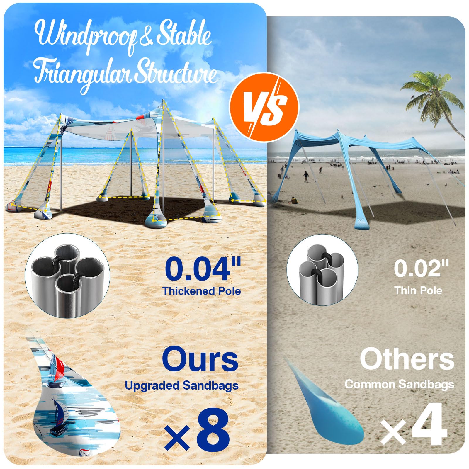 Rhino Valley Beach Tent 8-sandbags stability helps resist strong winds.