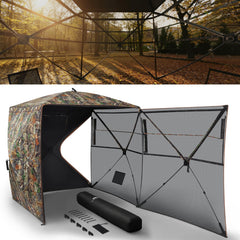 Rhino Valley hunting blind provides 270° view through mesh panels for all-around awareness
