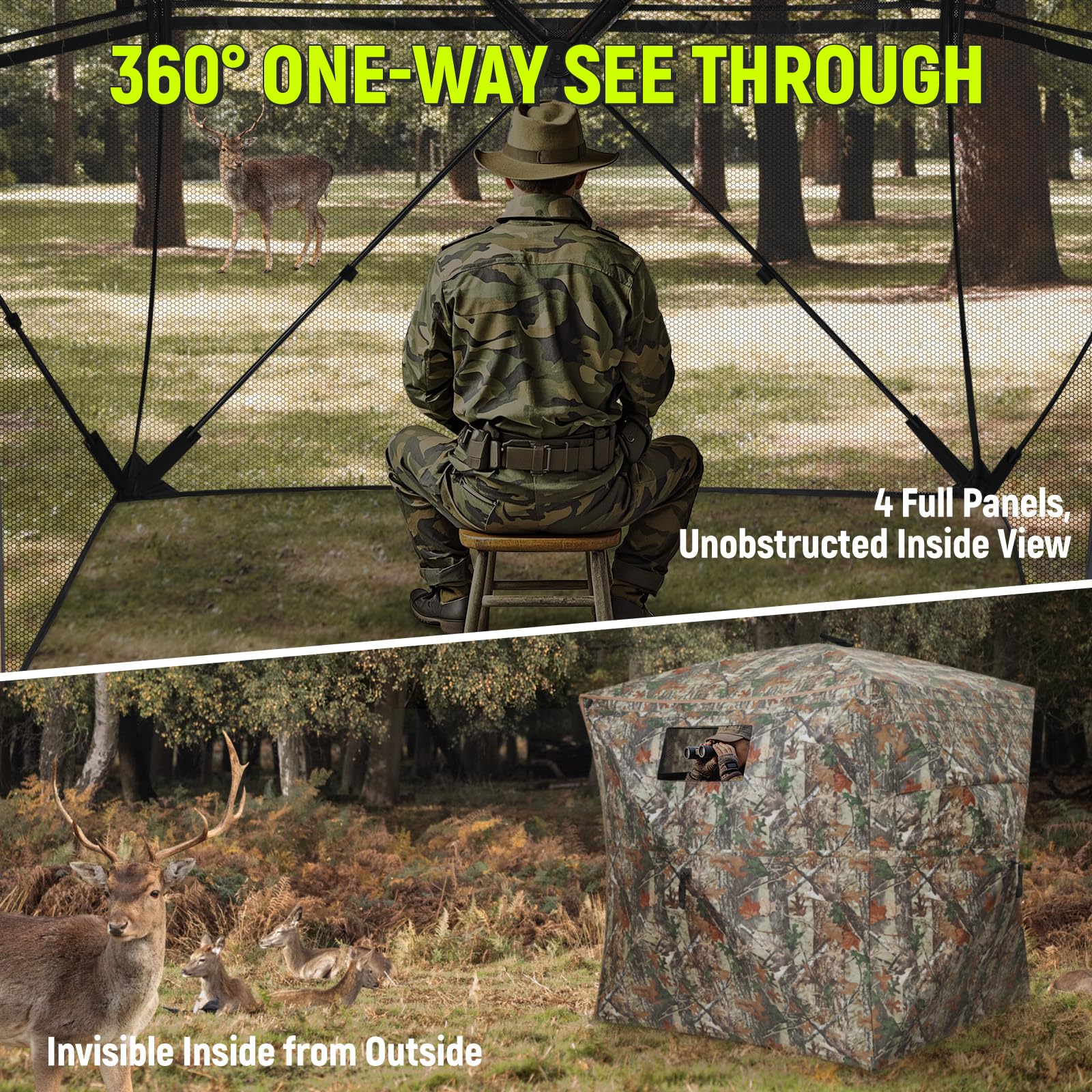 Rhino Valley hunting blind 360° see-through panels enable all-around awareness during hunt.