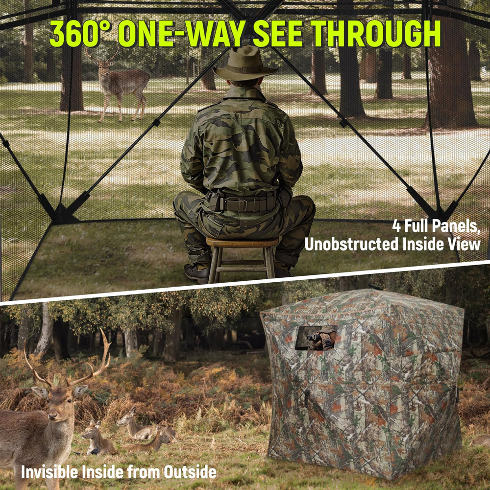 Rhino Valley hunting blind 360° see-through panels enable all-around awareness during hunt.