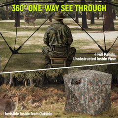 Rhino Valley hunting blind 360° see-through panels enable all-around awareness during hunt.