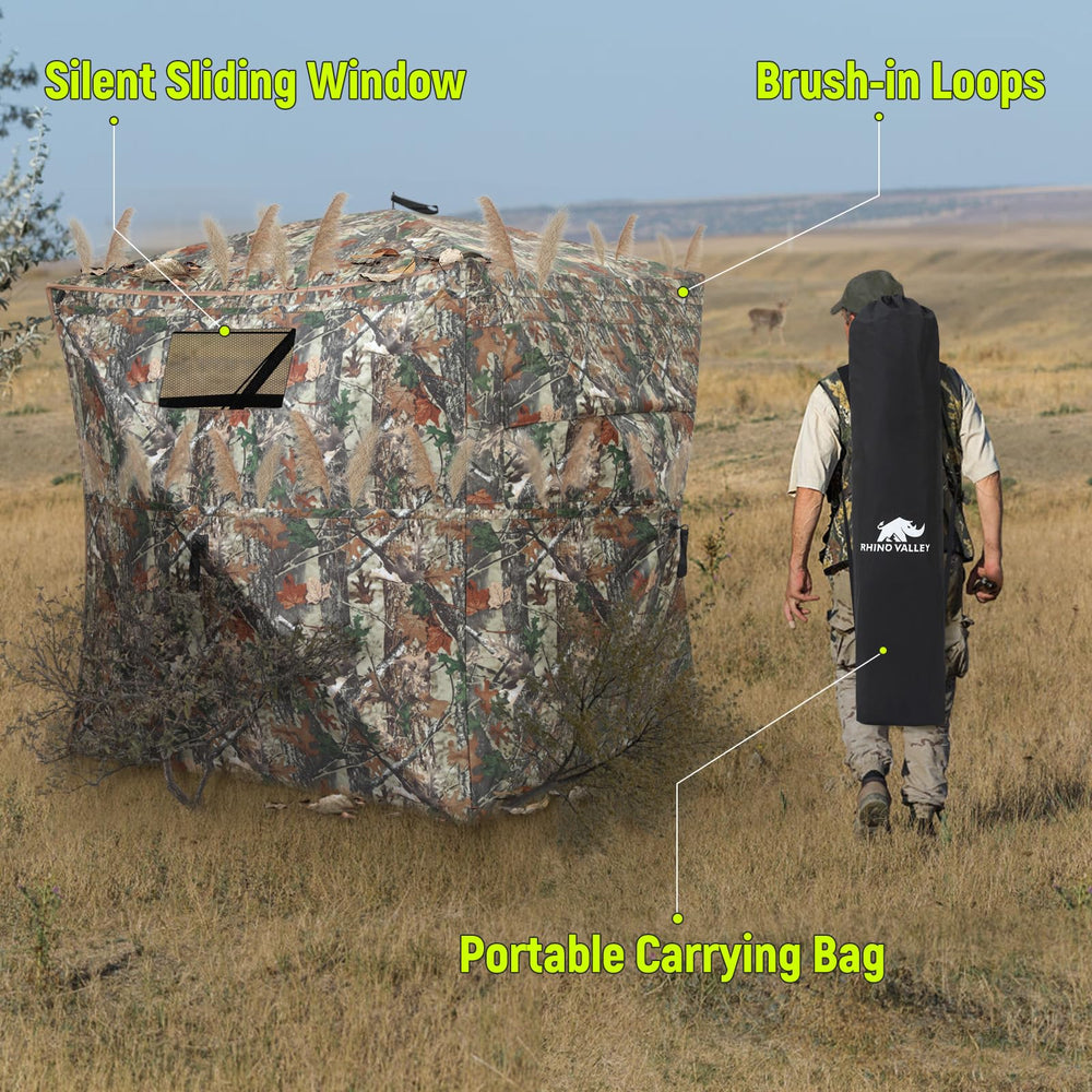Rhino Valley hunting blind interior fits 3-4 hunters with space for gear.