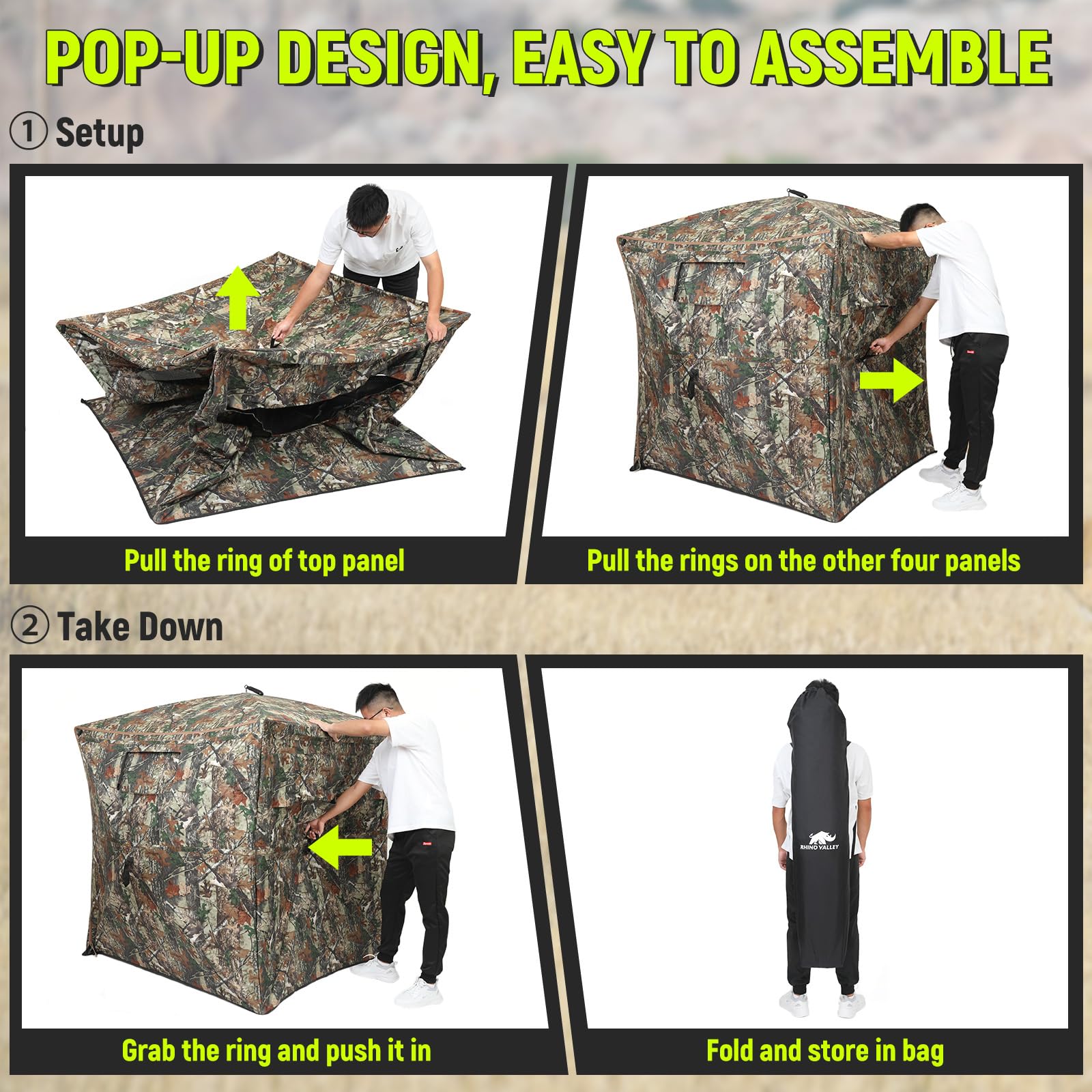 Rhino Valley hunting blind portable design with carrying bag for easy transport.