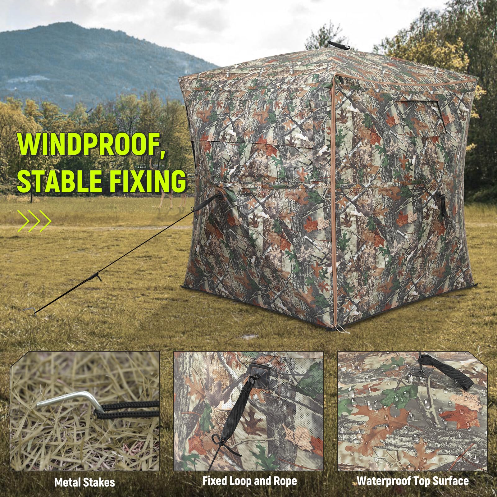 Rhino Valley hunting blind sliding windows allow rifle or bow setups with flexible shooting angles.