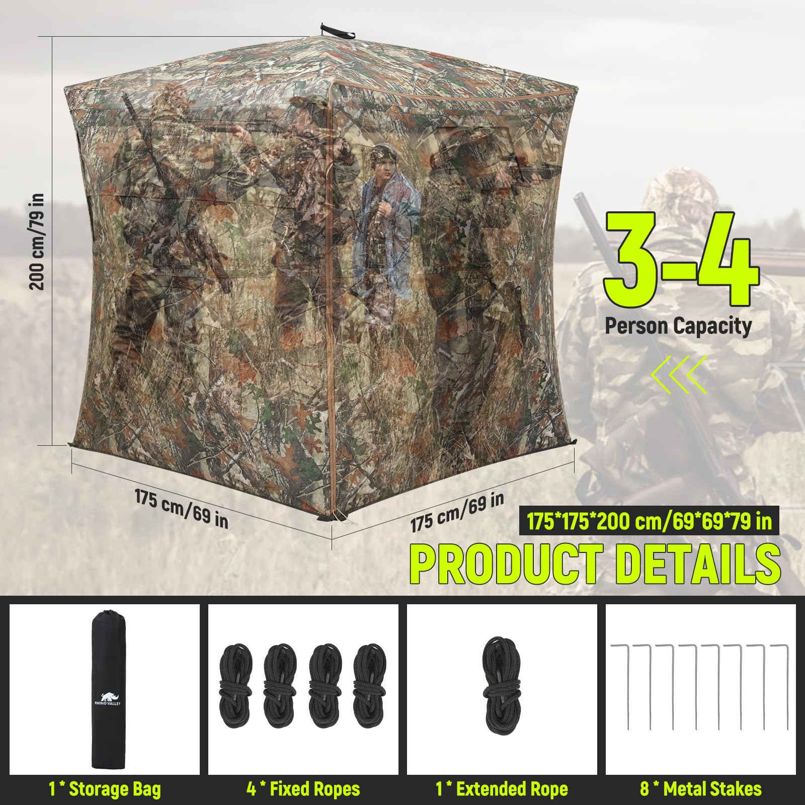 Rhino Valley hunting blind heavy-duty steel frame withstands wind and rain in the field.
