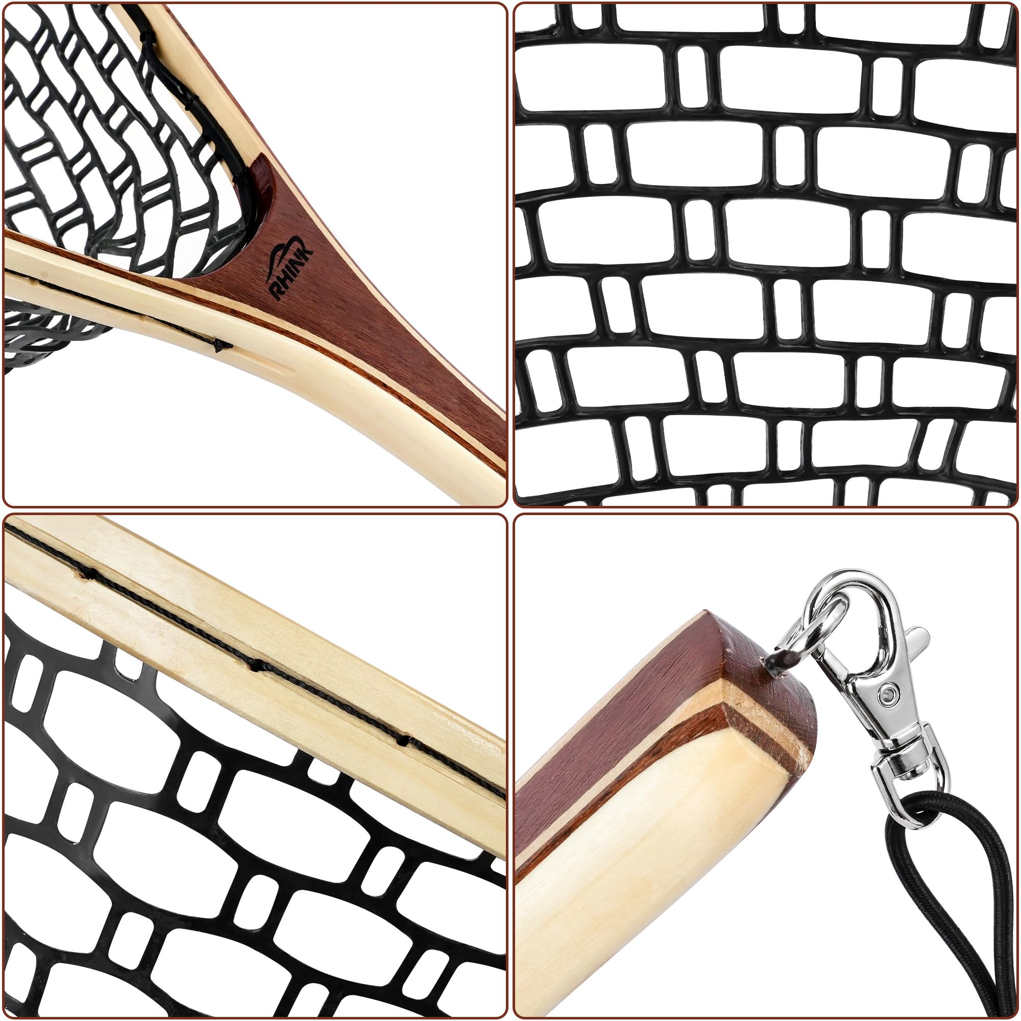 RHINR landing net features wooden handle and black net for steady, comfortable use.