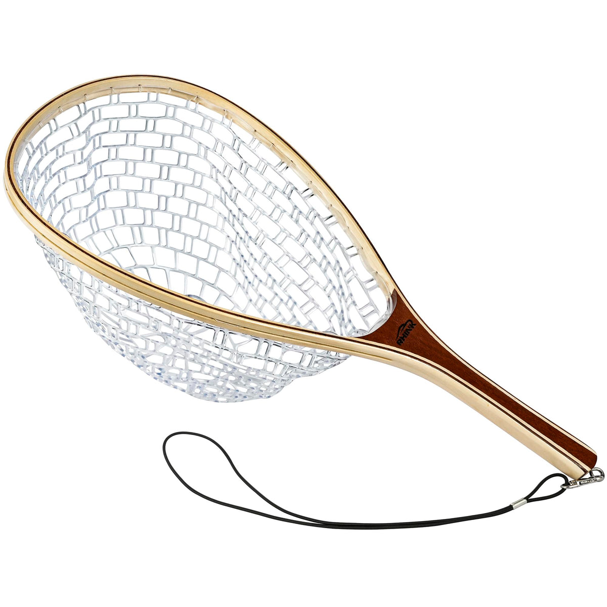 RHINR landing net with wooden handle for a comfortable trout grip.