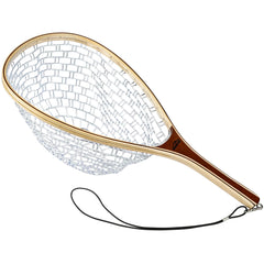 RHINR landing net with wooden handle for a comfortable trout grip.